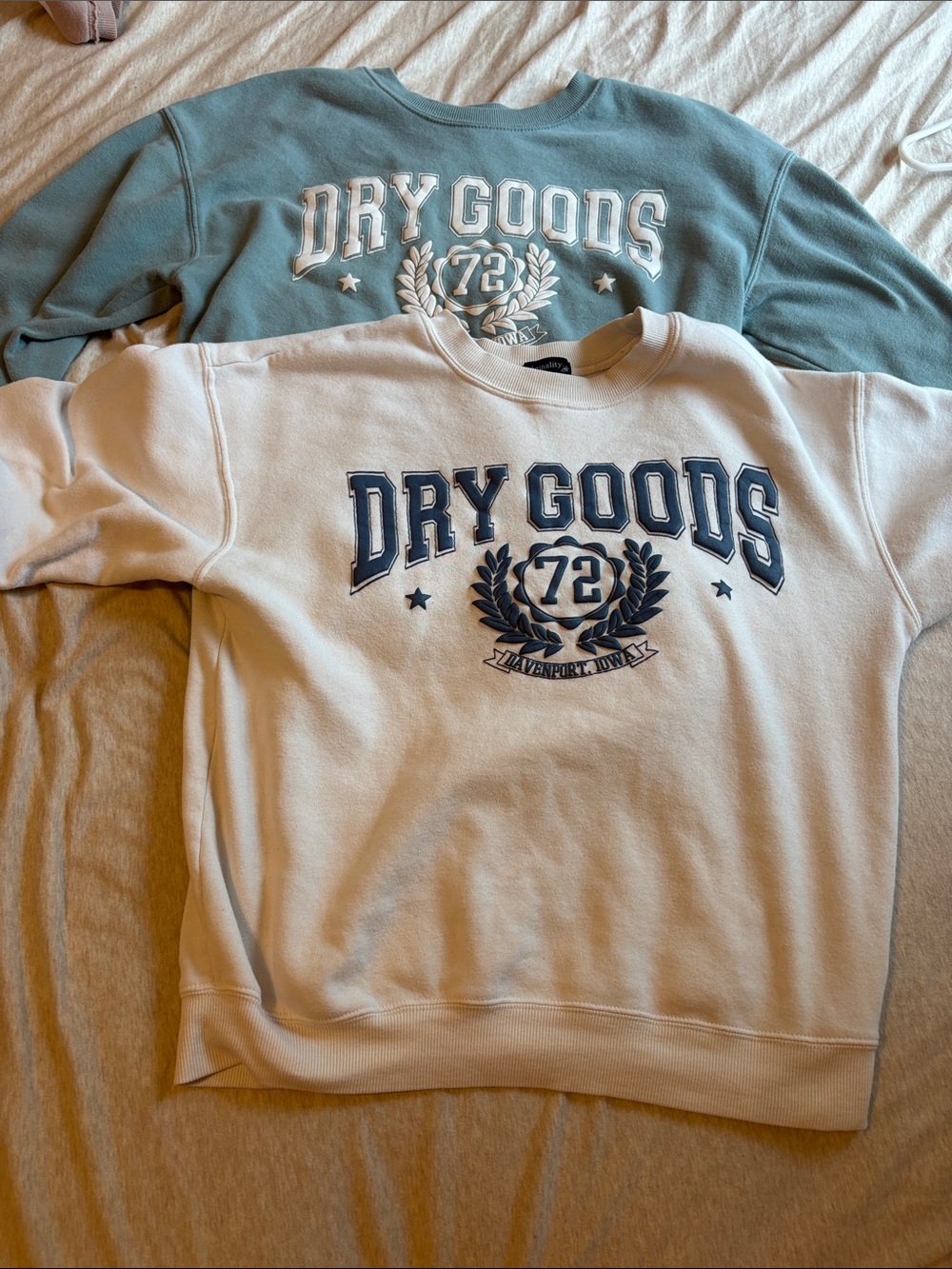 Dry Goods Crewneck Sweatshirt in Cream with Blue Crest